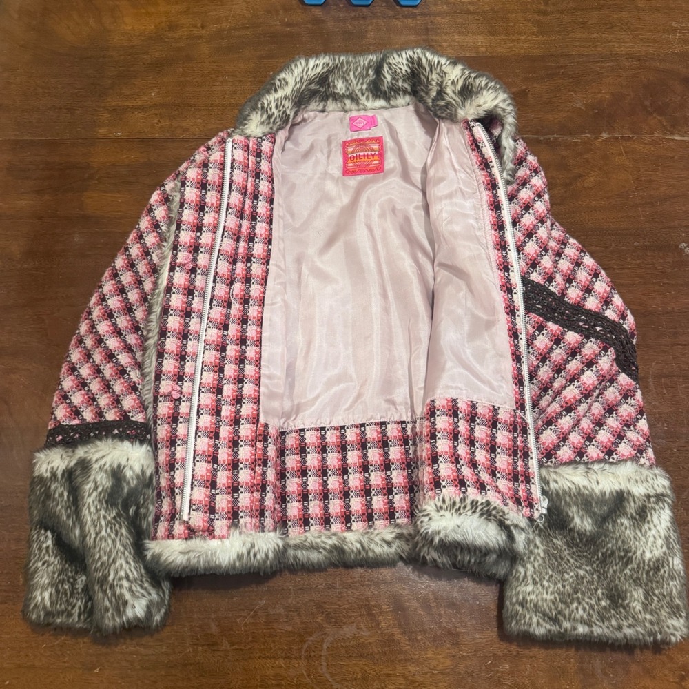 Oilily Plaid & Embroidery Faux Fur Trim Fairy Garden Whimsy Dopamine Jacket 36 - Picture 6 of 9